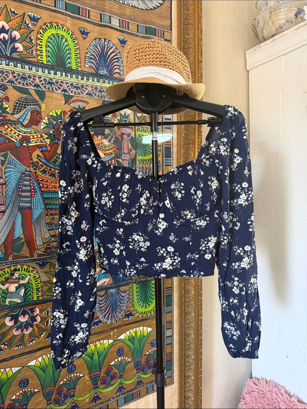 Francesca’s Navy Floral Long-Sleeve Crop Top